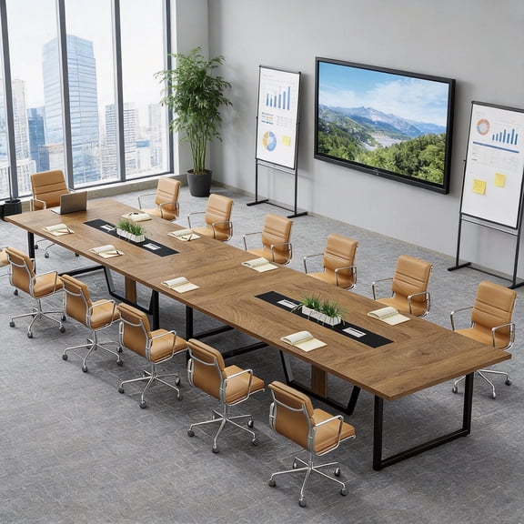 8FT Large Conference Table For 10 People Industrial Rectangular Meeting Table With 2 Cable Grommets Sturdy MDF Metal Frame For Home Office Studio Business (Light Brown)