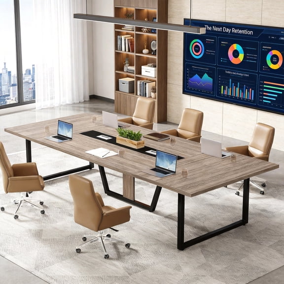 8FT Large Conference Table For 10 People Industrial Rectangular Meeting Table With 2 Cable Grommets Sturdy MDF Metal Frame For Home Office Studio Business (Mocha Brown)