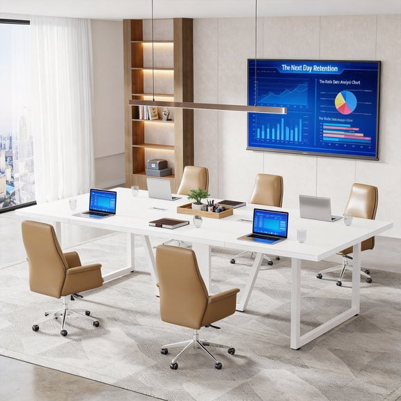 8FT Large Conference Table For 10 People Industrial Rectangular Meeting Table With 2 Cable Grommets Sturdy MDF Metal Frame For Home Office Studio Business (White)