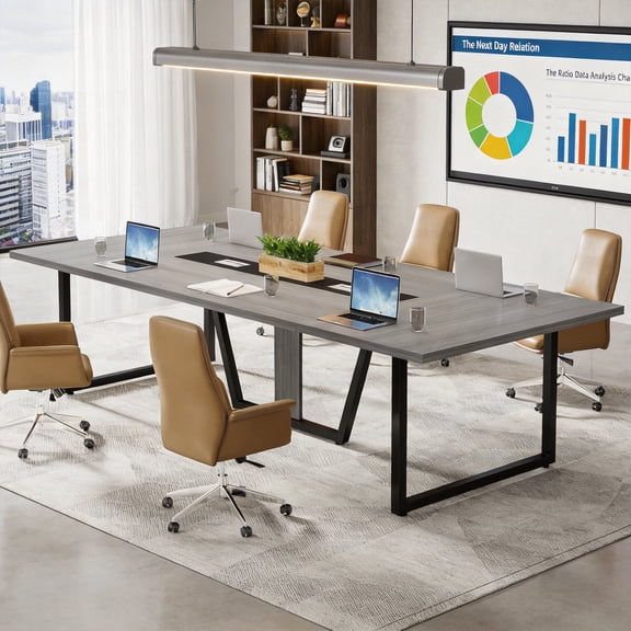 8FT Large Conference Table For 10 People, Industrial Rectangular Meeting Table With Cable Management Grommets, Heavy Duty Sturdy Office Table For Home Office Studio Business Conference Room (Grey)