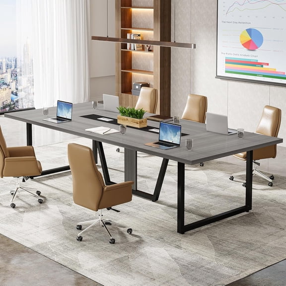 8FT Large Conference Table For 10 People, Industrial Rectangular Meeting Table With Cable Management Grommets, Heavy Duty Sturdy Office Table For Home Office Studio Business Conference Room (Grey)