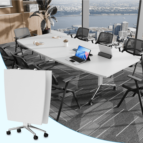 8FT Large Oval Folding Conference Table,1Pack Built-in Wireless Charger and Power Box Training Table for Office,White