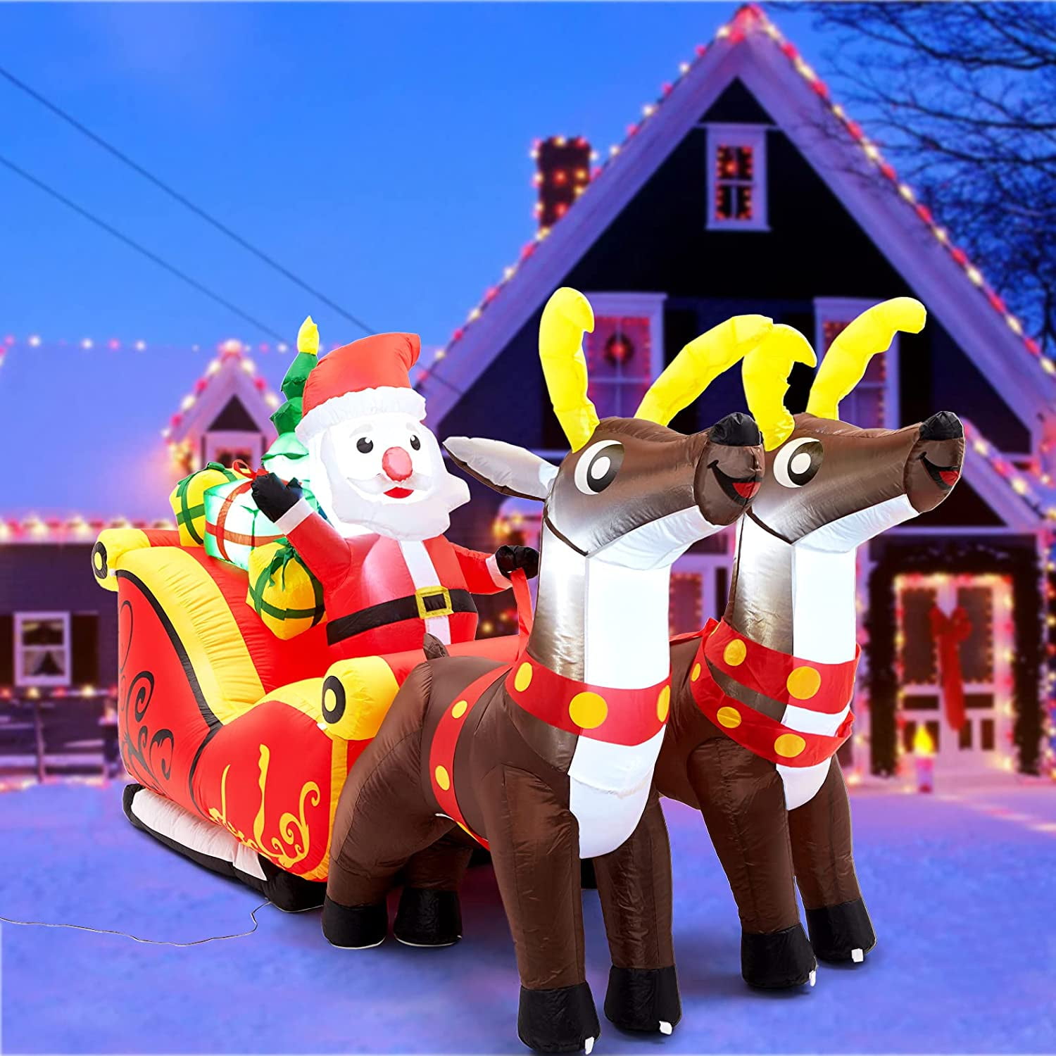 8FT Long Christmas Inflatable Santa Claus on Sleigh with Two Reindeers ...