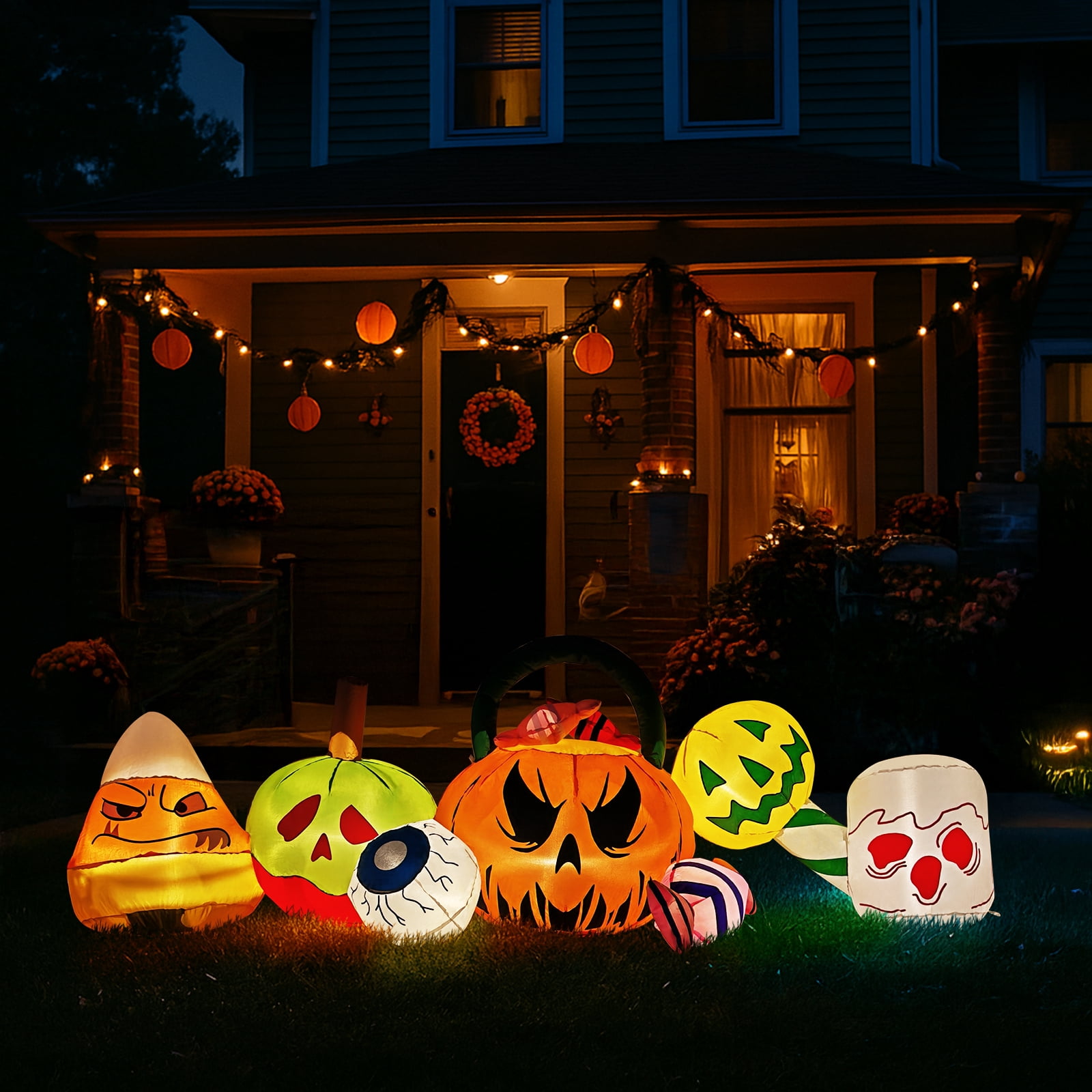 8FT Long Halloween Inflatables Pumpkins Eyeball Candy Outdoor Decorations, Blow Up Yard Decoration with Built-in LEDs Lighted for Lawn Garden Outside Indoor Decor