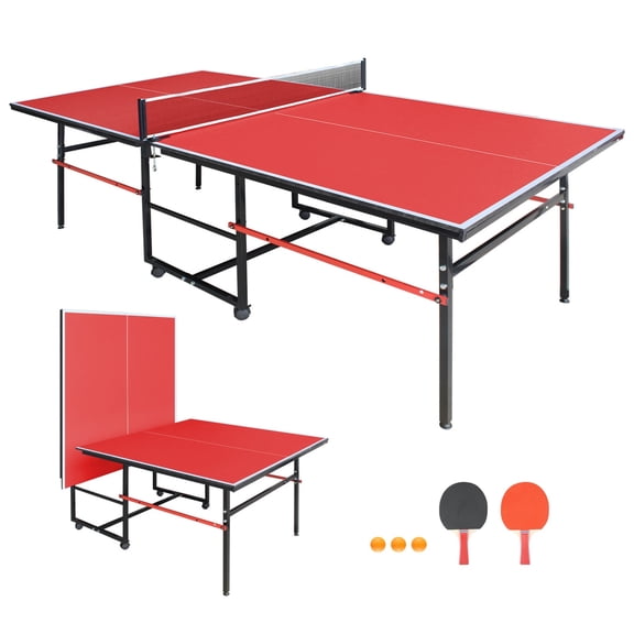 8FT Outdoor Ping Pong Table, Foldable & Portable Table Tennis Set with Net, 2 Paddles & 3 Balls, High-Quality Game Table with Single Player Playback Mode
