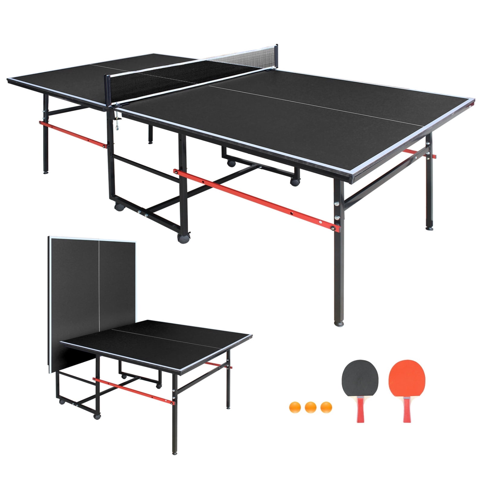 8FT Outdoor Ping Pong Table, Foldable & Portable Table Tennis Set with Net, 2 Paddles & 3 Balls, High-Quality Game Table with Single Player Playback Mode