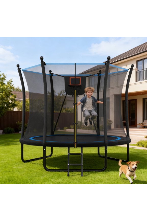 8FT Outdoor Trampoline with Enclosure Net & Ladder - Backyard Recreational Trampoline for Kids & Toddlers