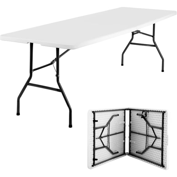 8FT Portable Folding Table, Heavy-Duty Half-Fold Long Table for Large Parties, Weddings, Events & Office - Sturdy Multi-Purpose Outdoor Banquet Table, White