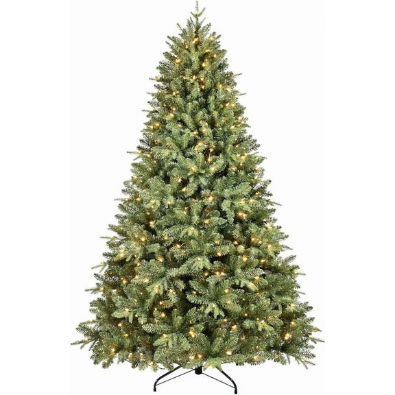 8FT Pre-Lit Artificial Christmas Tree with 2748 PE&PVC Mixed Branch Tips, 600 Warm White Lights, Hinged Premium Spruce Fake Xmas Trees, Green, Foldable Base