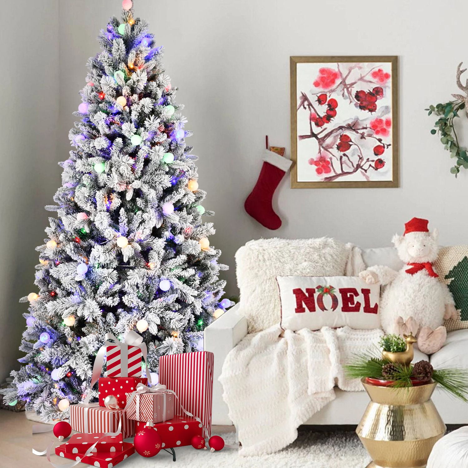 8FT Pre-Lit Flocked Artificial Christmas Tree Snow Flocked Natural Layered Fake Christmas Tree with 470 Multi-Color LED Lights, 10 Colors, 1793 PE & PVC Mixed Branch Tips