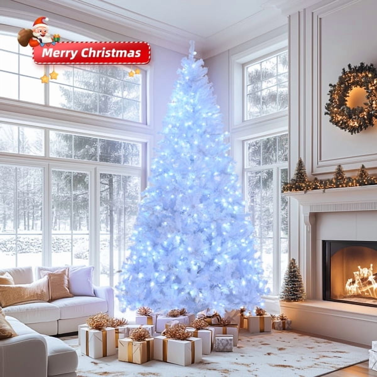 8FT Pre-Lit White Christmas Tree, 1500 PVC Branch Tips, 200 Cold White LEDs, Sturdy Iron Stand, Flame-Retardant Artificial Holiday Centerpiece