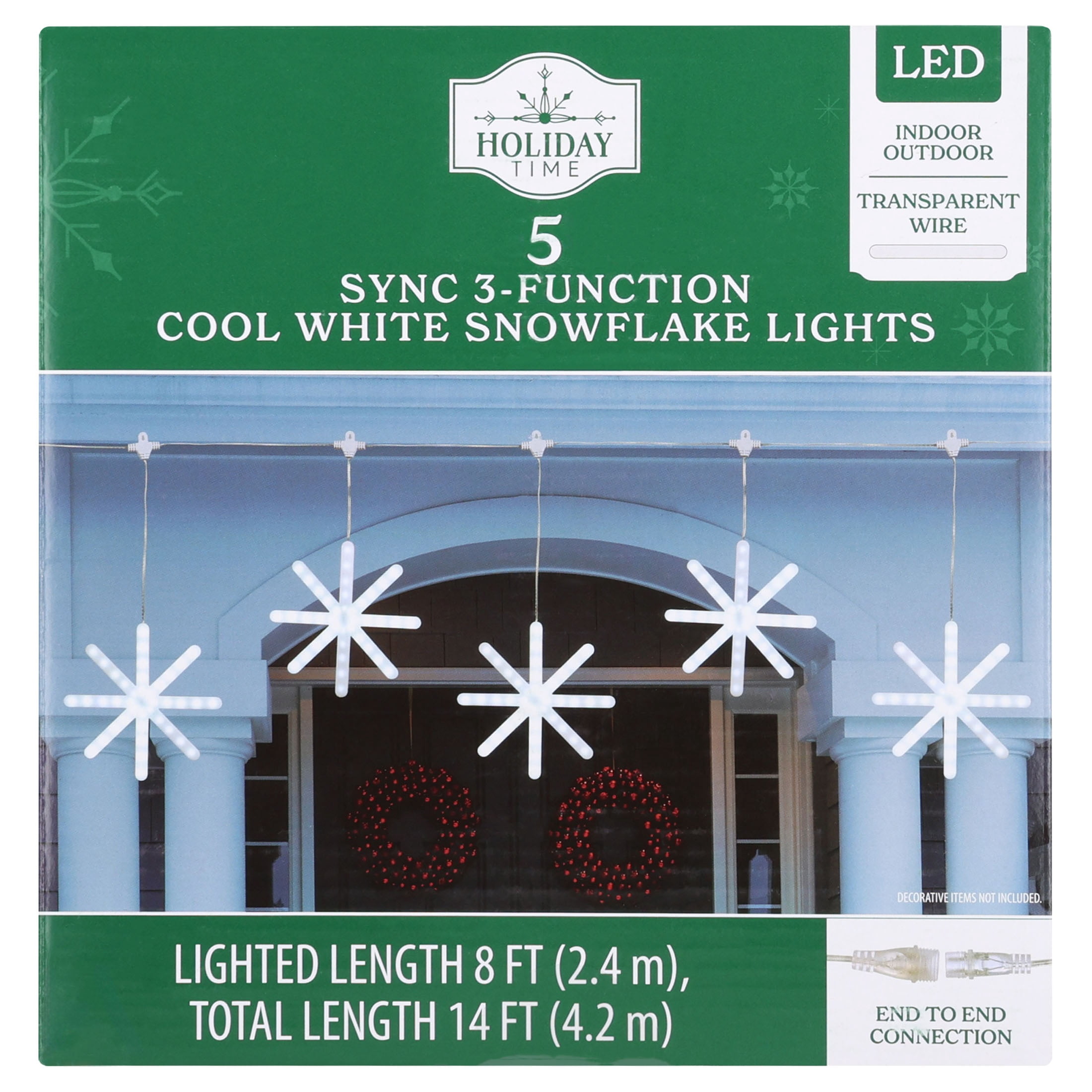 Indoor/Outdoor 5-Count LED 3-Function Sync Snowflake Christmas Lights, Cool White, Transparent Wire, 8', by Holiday Time