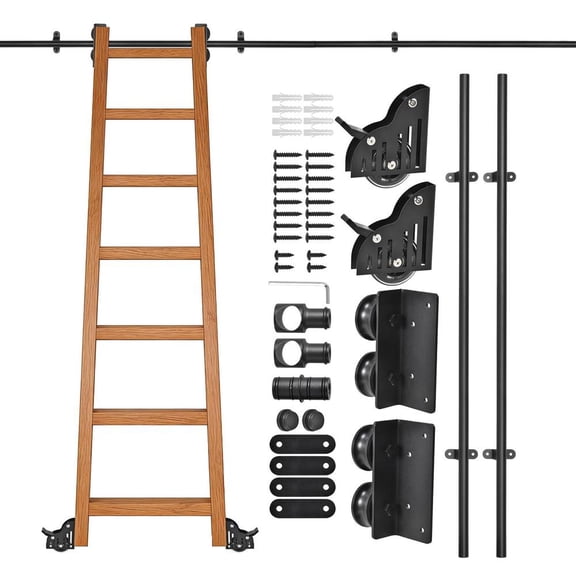 8FT Sliding Library Hardware Kit, Carbon Steel Rolling System with PU Silent Brake Wheel and Track, 350lb Capacity for Attic Loft and Closet Storage (No Ladder)