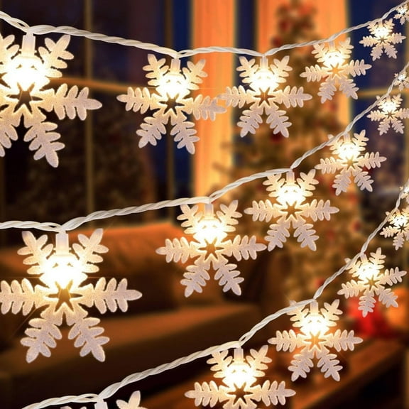 8FT Snowflake String Lights for Christmas Decoration, 10 Glitter Snowflakes Indoor Outdoor Winter Tree Bedroom Home Decoration, Warm White