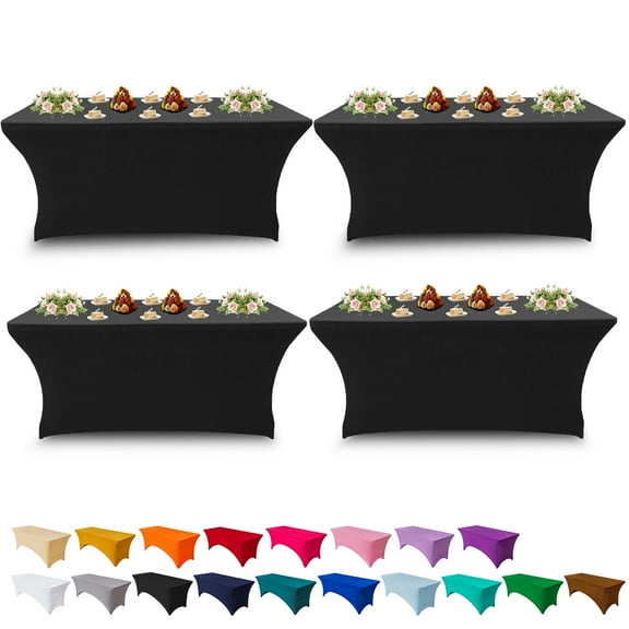 8FT Stretch Spandex Tablecloth Rectangular Fitted Table Cover for Standard Folding Tables, Universal Fit  Tablecloth for Wedding, Trade Show, Vendor Stand (Black,4-Pack)