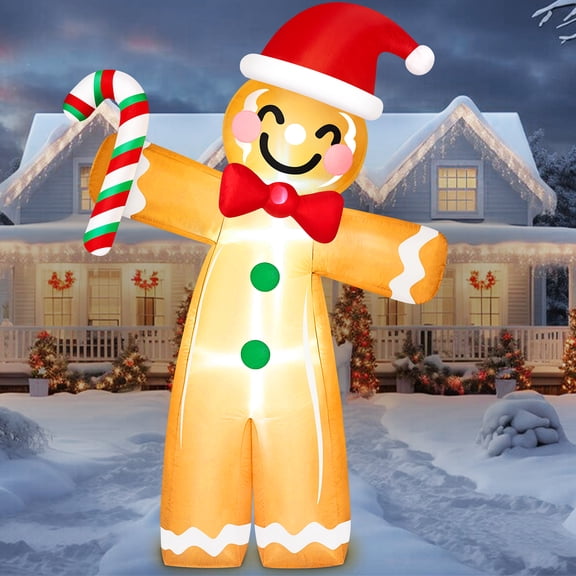 8FT Tall Gingerbread Inflatable Christmas Decorations Outdoor Candy Cane, Blow Up Ginger Bread with Lights for Xmas Holiday Party Yard Garden Decor