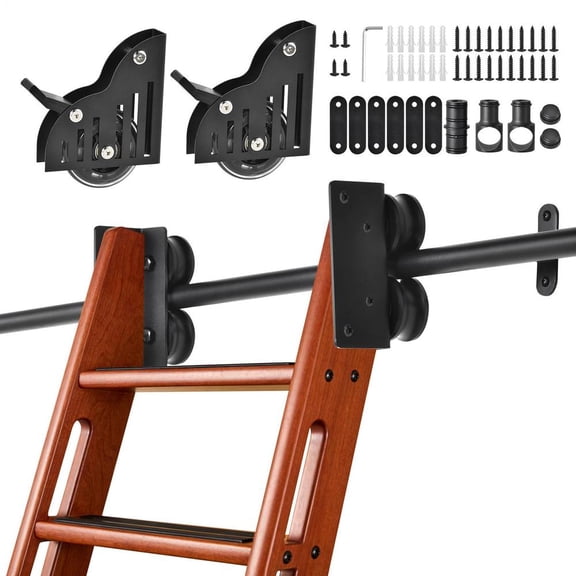 8FT Telescopic Rolling Ladder Hardware, 350lb Capacity with Braking Casters for Loft Bookshelf (No Ladder)