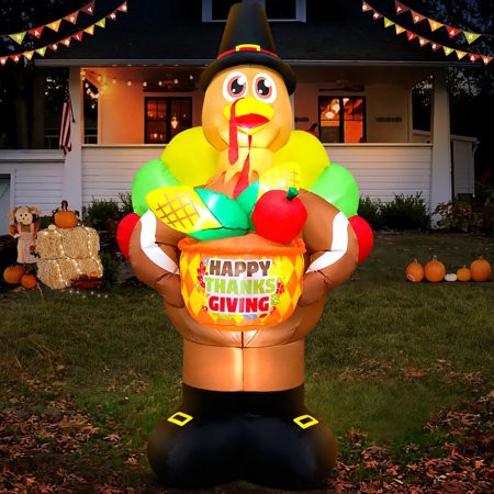 8FT Thanksgiving Inflatable Turkey Fruit Basket Thanksgiving Inflatable Outdoor Decorations with LED Lights, Blow Up Turkey Yard Decorations for Fall, Harvest, Autumn Holiday Party, Garden, Lawn Décor