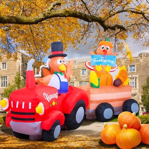 8FT Thanksgiving Inflatables Fall Outdoor Decorations, Lighted Blow Up Tractor with 2 Turkeys & Pumpkins & Built-in LED & Blower, Harvest Yard Lawn Garden Decor for Autumn Holiday Party