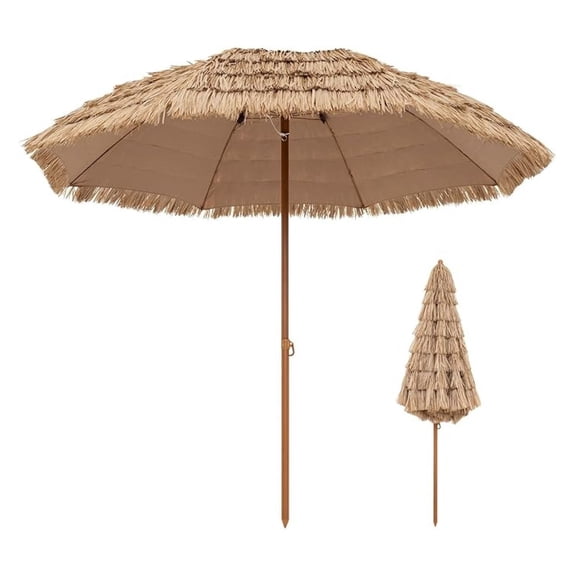8FT Thatched Tiki Patio Umbrella - Hawaiian Style Hula Grass Umbrella w/8 Ribs, Portable Tropical Palapa Straw Shade for Garden Backyard Pool, Outdoor Straw Beach Umbrella