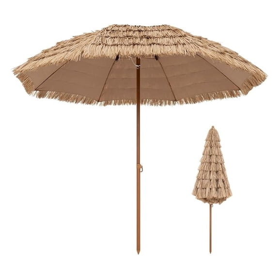8FT Thatched Tiki Patio Umbrella - Hawaiian Style Hula Grass Umbrella w/8 Ribs, Portable Tropical Palapa Straw Shade for Garden Backyard Pool, Outdoor Straw Beach Umbrella