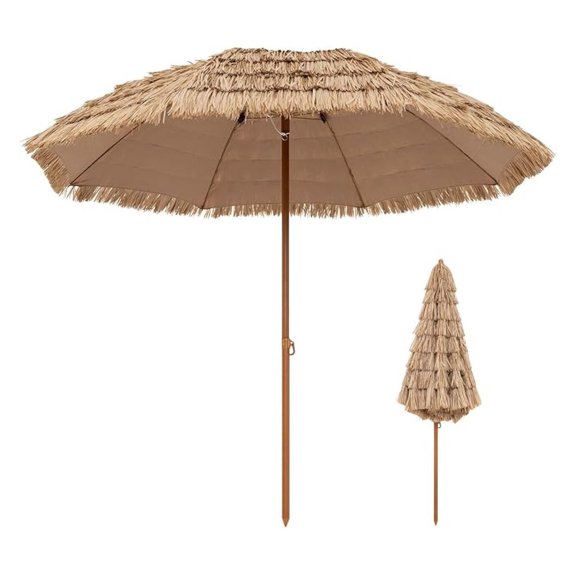 8FT Tiki Umbrella - Hawaiian Thatch Patio Umbrella w/8 Ribs, Tropical Palapa Shade for Backyard, Pool, Beach - Outdoor Straw Umbrella
