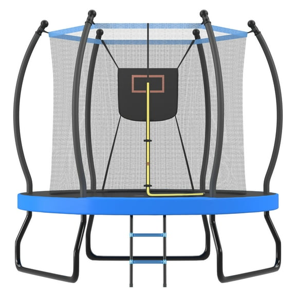 8FT Trampoline for Kids Adults, Outdoor Trampoline with Enclosure, Round Recreational Trampoline with Basketball Hoop, Backyard Trampoline with Ladder, Heavy Duty Trampoline for Indoor Outdoor