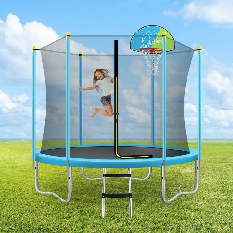 8FT Trampoline for Kids Outdoor Jump Recreational Trampoline with Safety Enclosure Net Basketball Hoop and Ladder Round Trampoline with W shaped