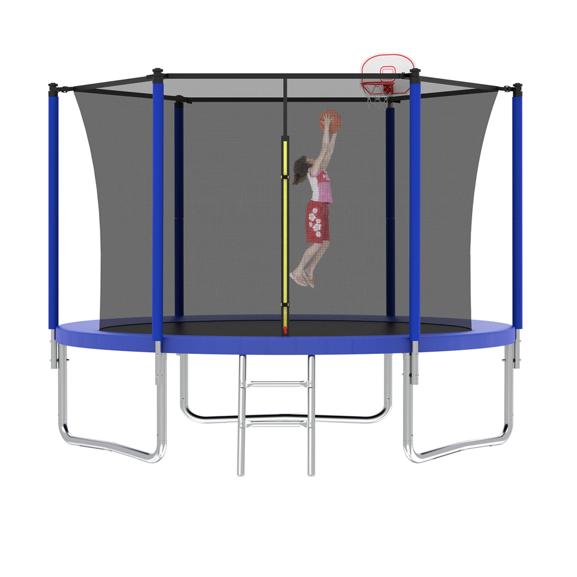 8FT Trampoline for Kids,Outdoor Trampoline with Basketball Hoop,Recreational Trampoline with Safety Enclosure Net,Blue