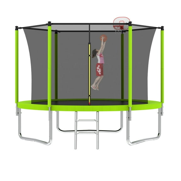 8FT Trampoline for Kids,Outdoor Trampoline with Basketball Hoop,Recreational Trampoline with Safety Enclosure Net,Green