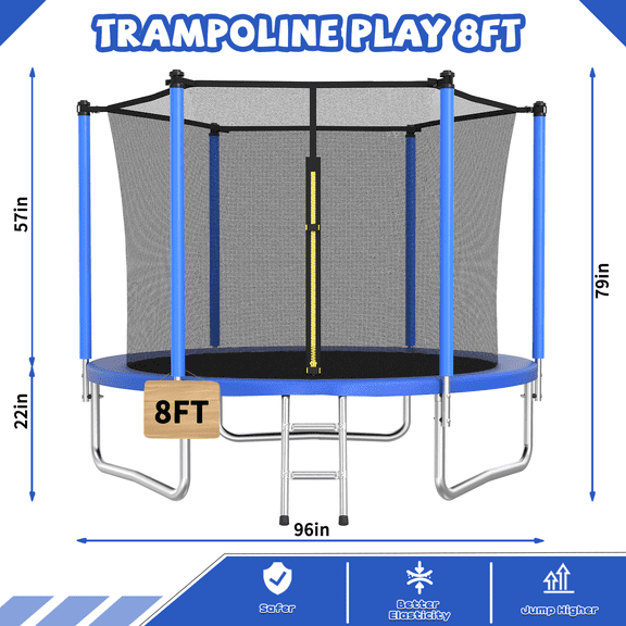 8FT Trampoline with Safety Net and Basketball Hoop for Kids Outdoor, Blue Steel Frame, Ladder Included