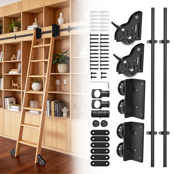 8FT Upgraded Heavy Steel Rolling Ladder Hardware with Braking Casters, 350lb Capacity for Library Closet (No Ladder)