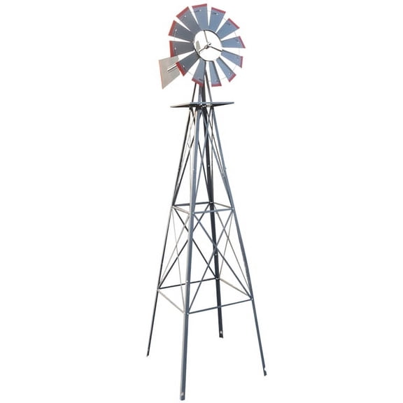 8FT Weather Resistant Yard Garden Windmill Weather Resistant, Ball Bearing for Quiet Operation, for Lawn,Garden, Gray & Red