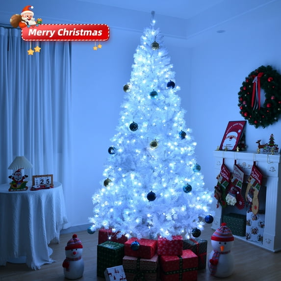 8FT White Artificial Christmas Tree Hinged, Xmas Tree W/1500 Tips, 500 Lights, Folding Metal Stand, Premium PVC & Iron Material, Luxuriant Holiday Tree Décor for Home Office