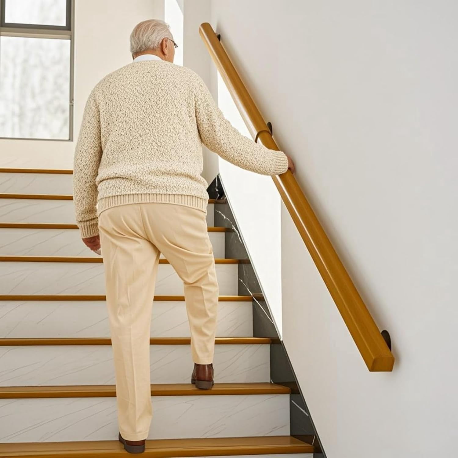 Stairs With Rope Railing 8FT Wooden Stair Railing Indoor, Wall Railings for Stairs, Hand Rails ...