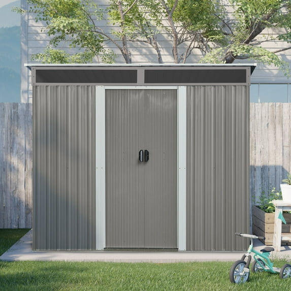 8FT x 6FT Outdoor Storage Shed, Waterproof, Lockable Door Metal Tool Shed with Sliding Door and Air Vents, Storage House for Gardening Tools, Metal Storage Shed for Garden, Backyard, Lawn, Grey