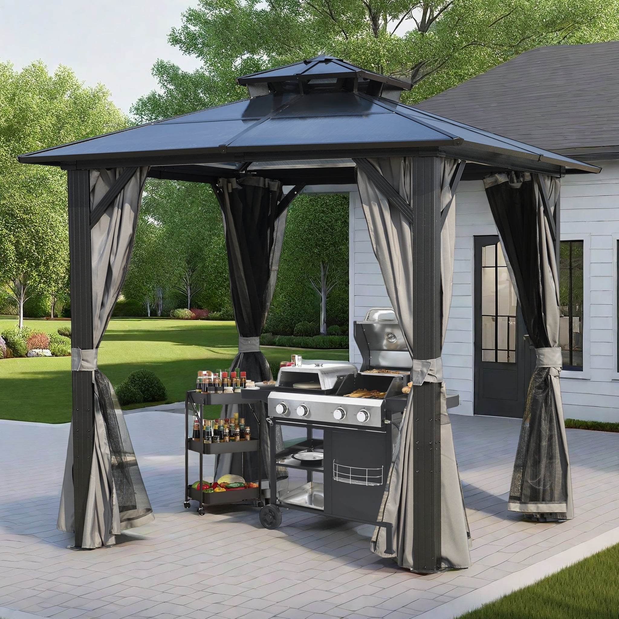 8FT x 8FT Double Roof BBQ Grill Gazebo with Grey Polycarbonate for Outdoor Use