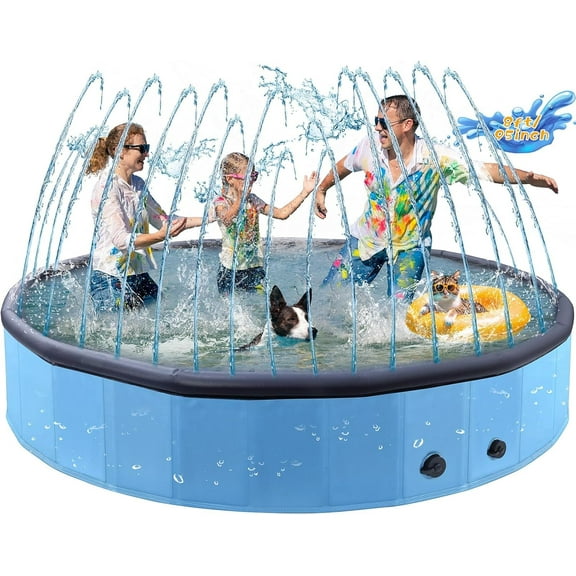 8Ft 2-in-1 Extra Large Dog Pool with Sprinkler Jumbo Foldable Non-Slip Heavy Duty Dog Swimming Pool for Outdoor Backyard Summer Dogs Cats Kids Pet Baths