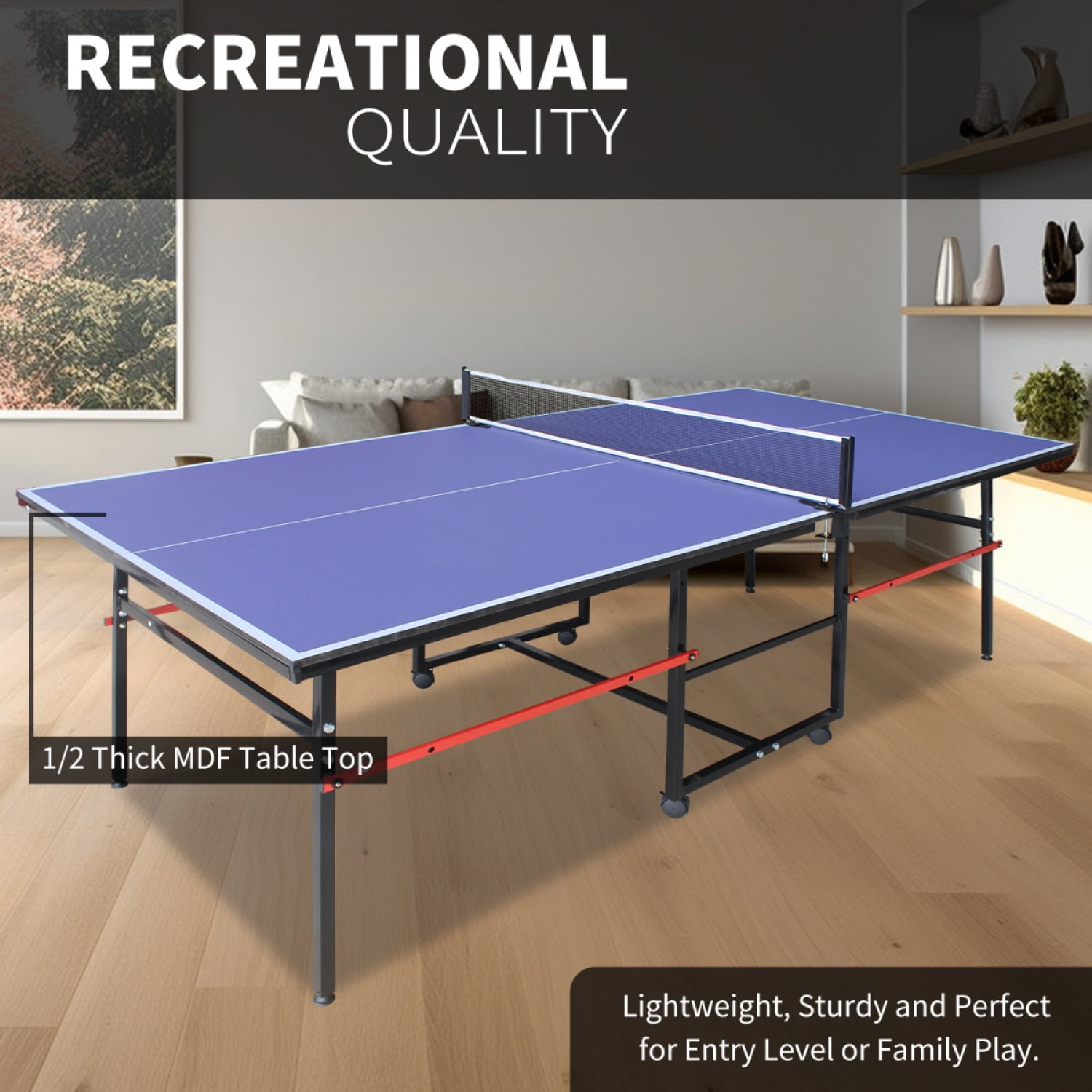 8Ft Blue MDF Foldable Portable Mid Size Table Tennis Table Set With Net 2 Paddles 3 Balls For Indoor Office Apartment Game Rooms