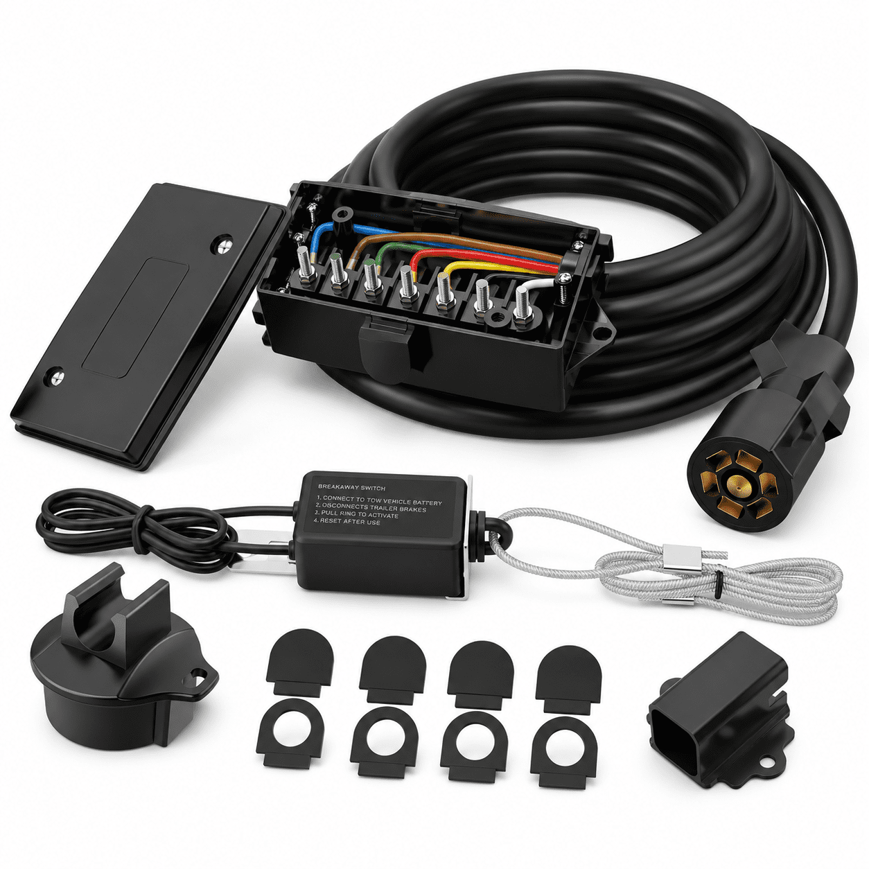 8Ft + Breakaway Kit 7 Way Trailer Wiring Harness with Junction Box and ...