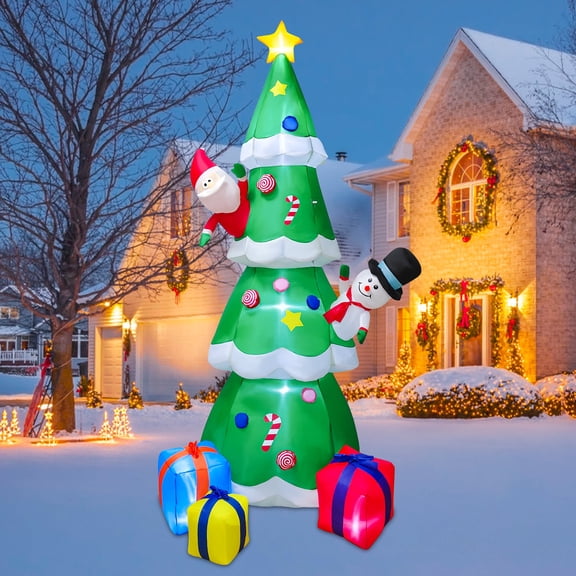 8Ft Christmas Inflatable Decoration Christmas Tree with Built-in LED Lights, Blow up Inflatable Tree with Snowman, Santa and Gift Boxes for Party Indoor, Outdoor, Yard, Garden, Lawn Dcor
