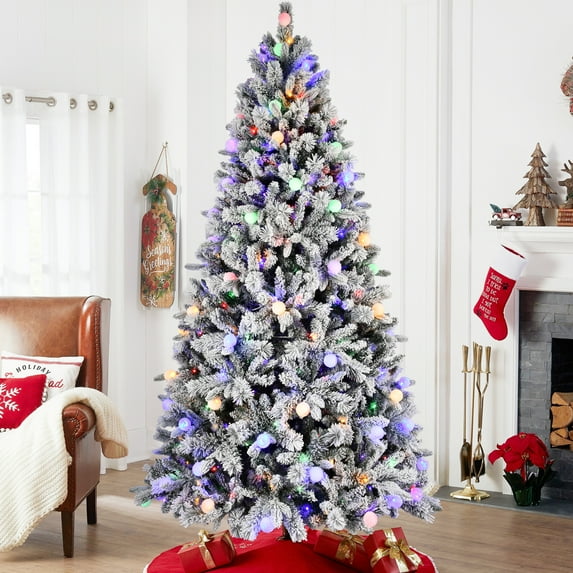 8Ft Flocked Christmas Tree with 470 Colorful Led Lights, 10 Lighting Modes & Foot Switch, Realistic Pe+Pvc Hinged Tree