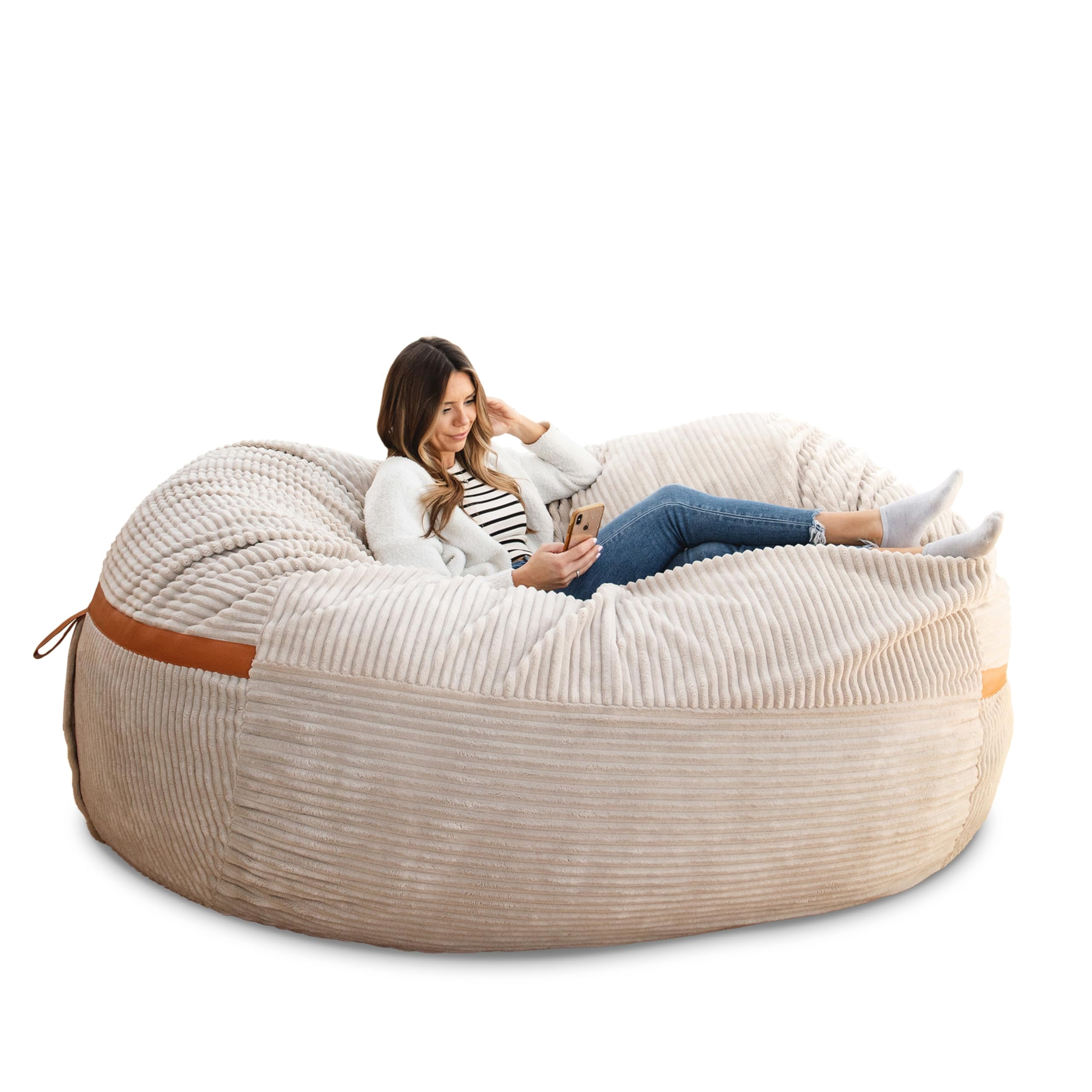 8Ft Giant Foam Bean Bag Chair, Oversized Couch with Removable Cover for Kids, Teens, Adults, Vanilla Latte Corded Plush, 8 Foot