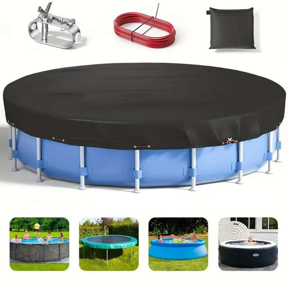 8Ft Round Pool Cover, Solar Pool Covers for Above Ground Pools, 420D Inflatable Pool Cover Protector with Steel Rope, Increase Stability Ground Swimming Pools, UV Resistant, Waterproof Dustproof