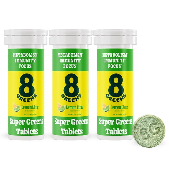 8Greens Daily Greens Effervescent Tablets - Superfood Booster, Energy & Immune Support, Made with Real Greens, Greens Powder, Vitamin C, Lemon Lime, Pack of 3