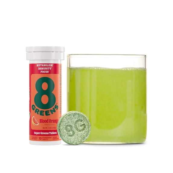 8Greens Effervescent Super Greens Dietary Supplement - 8 Essential Healthy Real Greens in One (Blood Orange, 1 Tube / 10 Tablets)