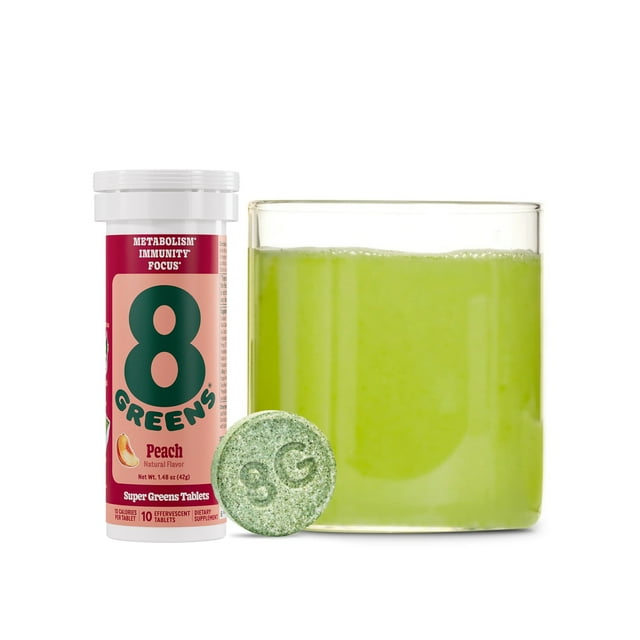 8Greens Effervescent Super Greens Dietary Supplement - 8 Essential Healthy Real Greens in One (Peach, 1 Tube / 10 Tablets)
