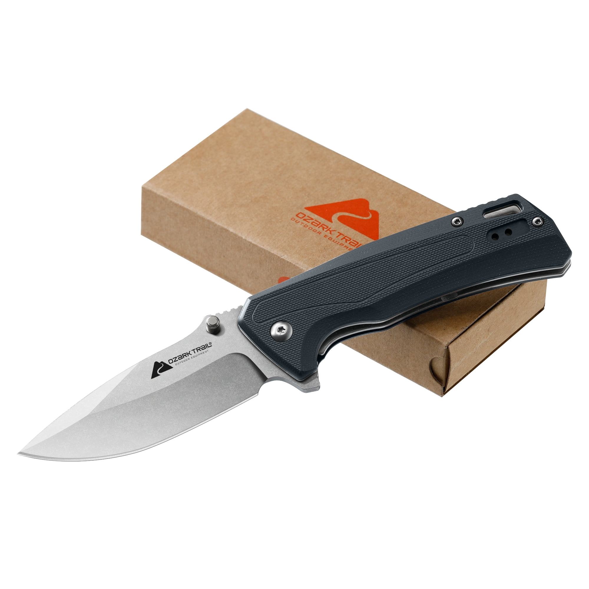 Ozark Trail 8 inch Folding Knife with D2 Steel Stonewashed Blade G10 Handle Reversible Clip
