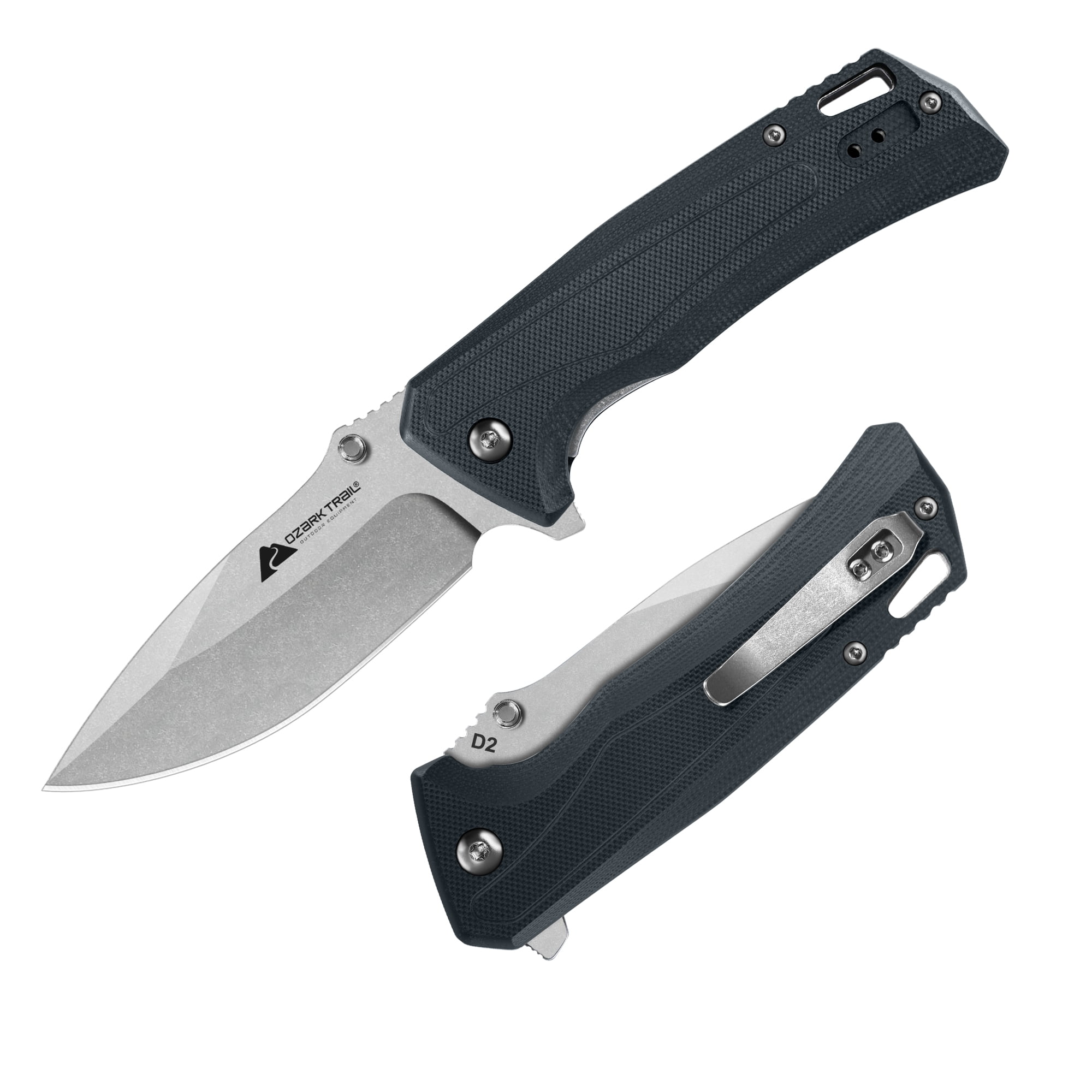Ozark Trail 8 inch  Heavy Duty Folding Knife with D2 Steel Stonewashed Blade G10 Handle Reversible Clip