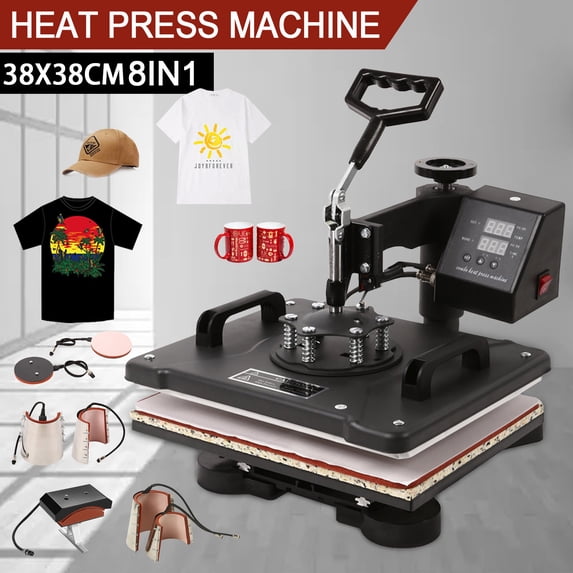 8IN1 Heat Press 15x15Inch Machine T-Shirt Pressing Bundle T-Shirt Printing Swing Away Sublimation Transfer Presser Accessory Combo by Tshirt,Hat,Tumbler,Plate,Mug,Cloth Maker